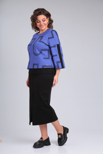 Деловой костюм юбка и блуза из трикотажа Rishelie 940 джинс+черный - фото 2