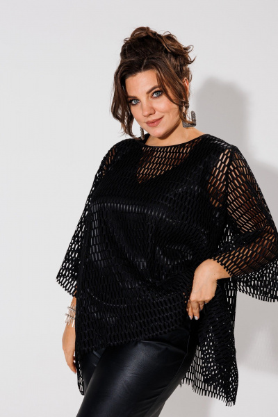 Черная сетчатая блуза, легкая и стильная Anelli 1329 черный/крупная_сетка - фото 2