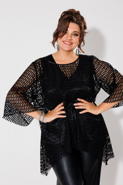 Черная сетчатая блуза, легкая и стильная Anelli 1329 черный/крупная_сетка - фото 1