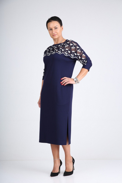 Платье из кружева и трикотажа с рукавом летучая мышь ZigzagStyle 408 синий - фото 2