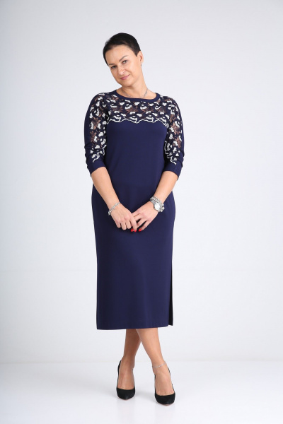 Платье из кружева и трикотажа с рукавом летучая мышь ZigzagStyle 408 синий - фото 1