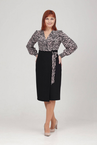 Полуприлегающее платье из текстиля с запахом и рукавами Соджи 595 черный/розовый - фото 1