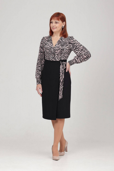 Полуприлегающее платье из текстиля с запахом и рукавами Соджи 595 черный/розовый - фото 3