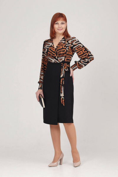 Черное платье из текстиля с запахом и отрезным верхом Соджи 595 черный/рыжий - фото 1