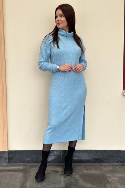 Трикотажное миди платье с разрезом и поясом S.O.L O Me М-728 голубой - фото 2