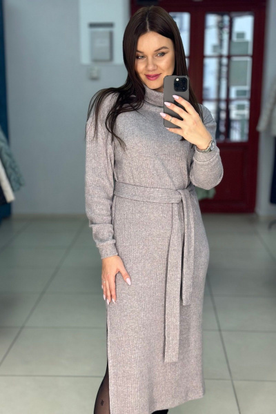 Трикотажное миди платье с разрезом и поясом S.O.L O Me М-728 серый_меланж - фото 1