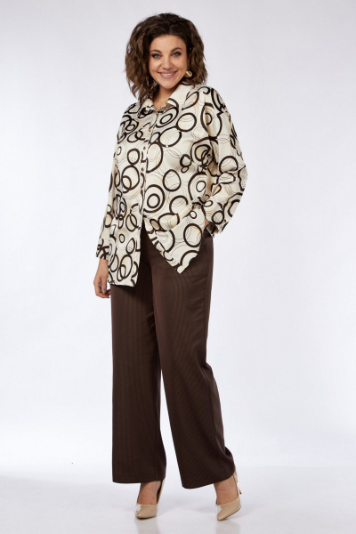 Бежево-коричневый комплект блузки и брюк из текстиля для повседневности Matini 1.1749 беж+коричневый - фото 1