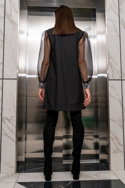 Платье А-силуэта с застежкой на пуговицы и органзой Luna 134 черный - фото 8