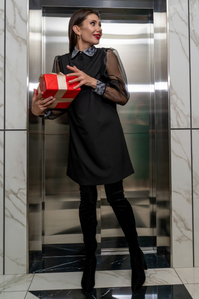 Платье А-силуэта с застежкой на пуговицы и органзой Luna 134 черный - фото 6