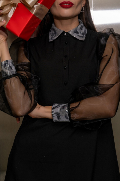 Платье А-силуэта с застежкой на пуговицы и органзой Luna 134 черный - фото 4