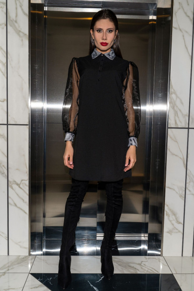 Платье А-силуэта с застежкой на пуговицы и органзой Luna 134 черный - фото 1