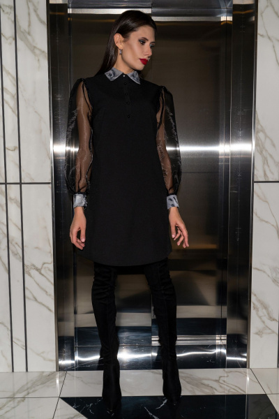 Платье А-силуэта с застежкой на пуговицы и органзой Luna 134 черный - фото 3