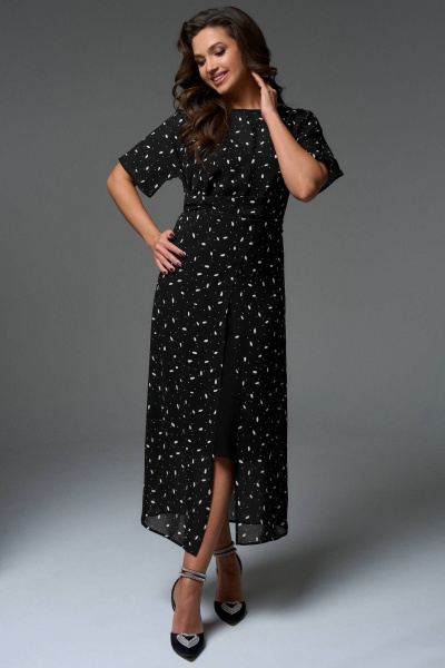 Платье-кимоно и платье-комбинация из вискозного шифона LeNata 16392 черный-в-рисунок - фото 3