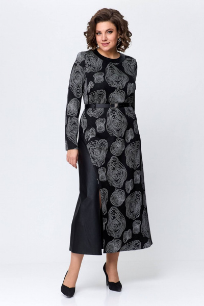 Эффектное платье из трикотажа с вставками из экокожи Koketka i K 1119 черный+белый - фото 1