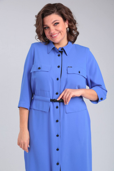 Голубое платье рубашка с нагрудными карманами и поясом Rishelie 939 голубой - фото 6