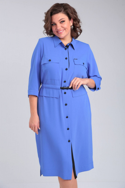 Голубое платье рубашка с нагрудными карманами и поясом Rishelie 939 голубой - фото 5