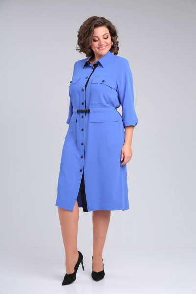 Голубое платье рубашка с нагрудными карманами и поясом Rishelie 939 голубой - фото 3