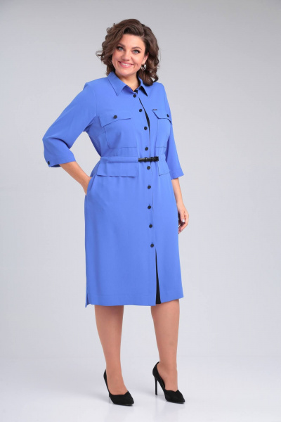 Голубое платье рубашка с нагрудными карманами и поясом Rishelie 939 голубой - фото 2