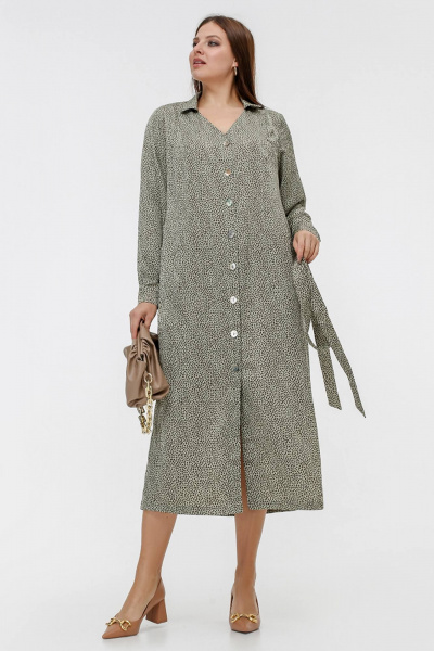 Платье с V-образным вырезом и съемным поясом из сатина La rouge 5447 олива-(сердечки) - фото 8