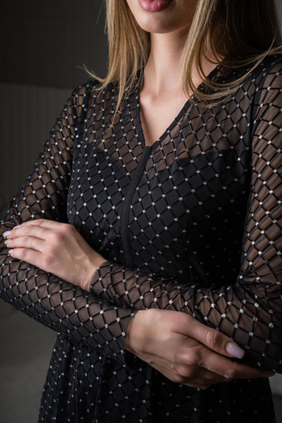 Черное приталенное платье из мягкой сетки и ткани с юбкой А-line GlasiO 5896 - фото 3