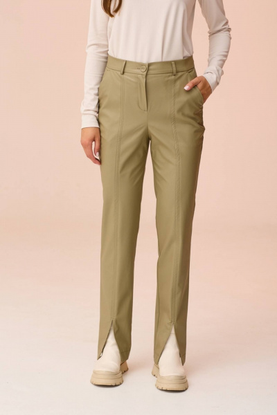 Брюки прямого силуэта из экокожи с разрезами по низу Faufilure C929 зеленый - фото 2