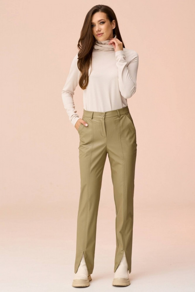 Брюки прямого силуэта из экокожи с разрезами по низу Faufilure C929 зеленый - фото 1