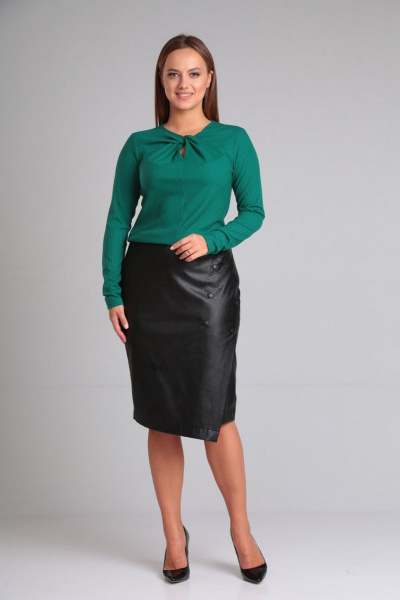 Комплект блузон и юбка из вискозы и экокожи для повседневной носки Gamma Gracia 686 черный-зеленый - фото 1