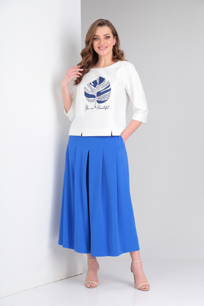 Деньги: комплект белой блузы и юбки-брюк из костюмной ткани ZigzagStyle 425 молочный/василек - фото 4