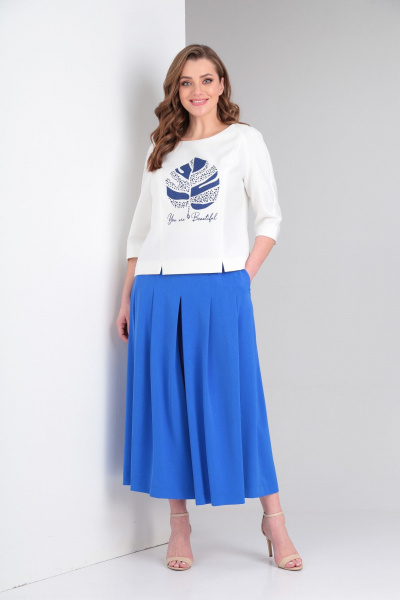 Деньги: комплект белой блузы и юбки-брюк из костюмной ткани ZigzagStyle 425 молочный/василек - фото 1