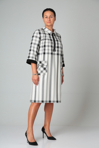 Платье с полосками и декоративными складками с рукавом 3/4 ZigzagStyle 449 клетка,полоска_молочный - фото 3