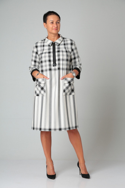 Платье с полосками и декоративными складками с рукавом 3/4 ZigzagStyle 449 клетка,полоска_молочный - фото 1
