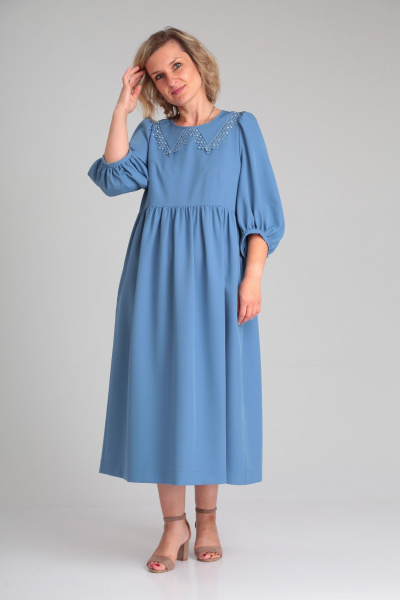 Свободное платье с воротником-стойкой и кружевом ZigzagStyle 487 голубой - фото 1