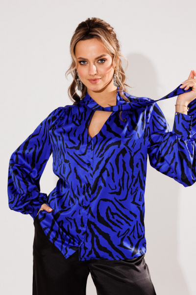 Блуза из шелка с яркими расцветками и галстуком Anelli 1428 синий - фото 4
