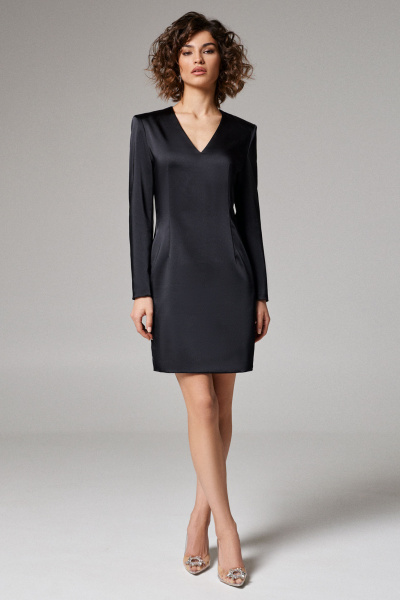 Черное атласное платье с талиевыми вытачками и V-образной горловиной Панда 165980w черный - фото 1