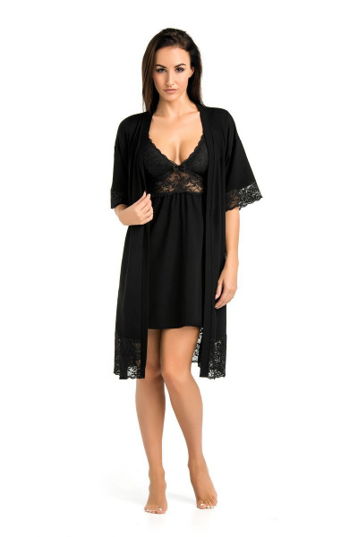 Пеньюар миди с кружевной отделкой и запахом для дома Teyli 2901/170,176 черный - фото 2