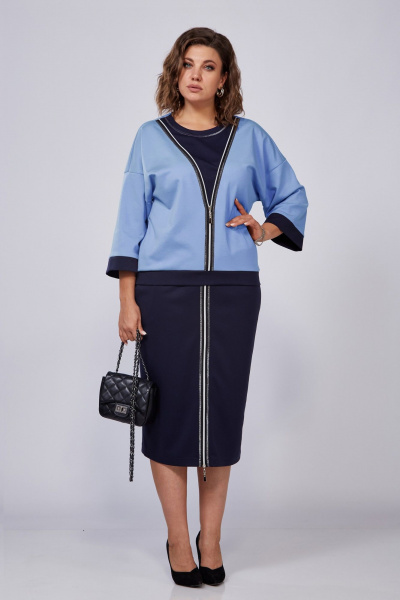 Демисезонный костюм из вискозы: юбка и джемпер с поясом Lady Secret 2922 небесный+синий - фото 2