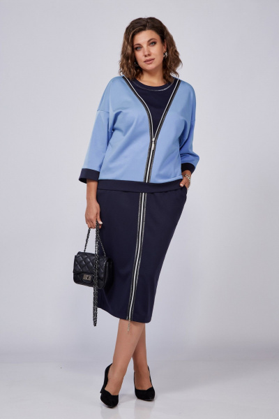 Демисезонный костюм из вискозы: юбка и джемпер с поясом Lady Secret 2922 небесный+синий - фото 1