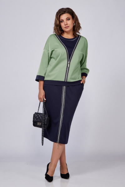 Демисезонный костюм из вискозы и трикотажа с юбкой и джемпером Lady Secret 2922 фисташковый+синий - фото 1