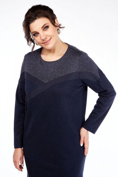 Круглогодичное прямое платье из трикотажа с кокетками и отделочными деталями Lady Style Classic 1477/2 синий - фото 2