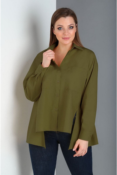 Блуза-туника свободного силуэта с карманами и складками Таир-Гранд 62385 хаки - фото 2