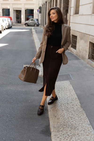 Миди юбка из вельвета с вертикальной раскладкой и карманами EZER 1013 баклажан - фото 13