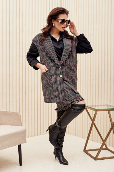 Жилет и юбка в стиле бохо с бахромой и свободным силуэтом Vittoria Queen 22093 клетка_меланаж - фото 4