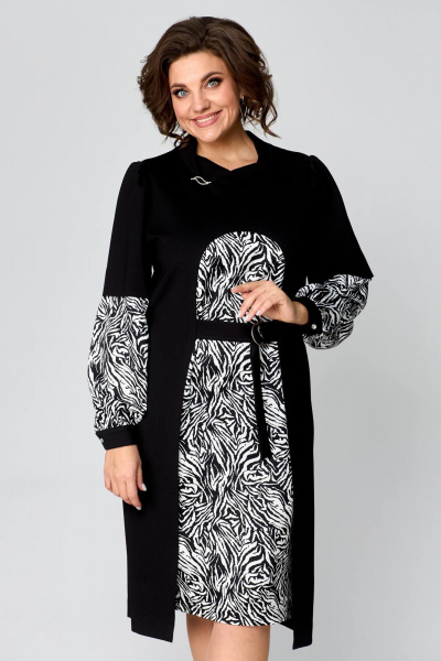 Черное платье из плотного трикотажа с имитацией туники и отделкой атласом Danaida 2200 - фото 7