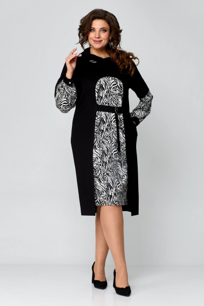 Черное платье из плотного трикотажа с имитацией туники и отделкой атласом Danaida 2200 - фото 4