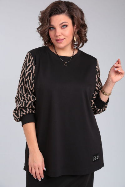 Черный свободный трикотажный джемпер с фантазийной нашивкой OVERYOU М135 какао-черный - фото 1