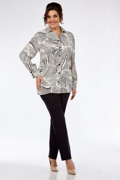 Блуза, брюки Элль-стиль 2269 молочный,принт_черный/черный - фото 3
