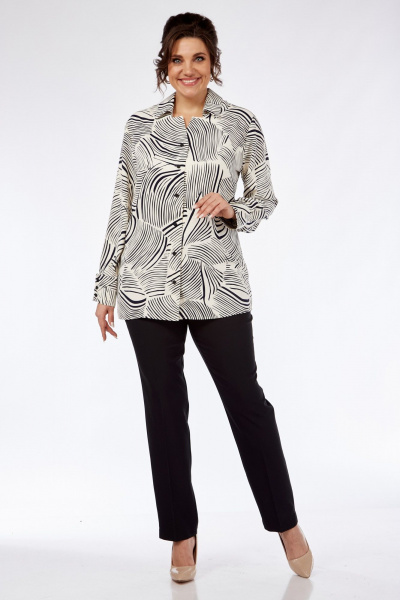 Блуза, брюки Элль-стиль 2269 молочный,принт_черный/черный - фото 1