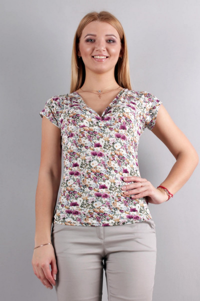 Блуза летучая мышь с декоративной застежкой-кнопками Mita КМ094 полянка - фото 1