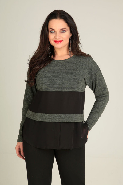 Свободная блуза из трикотажа и хлопка с двойным шифоновым эффектом Таир-Гранд 62293 хаки+черный - фото 1