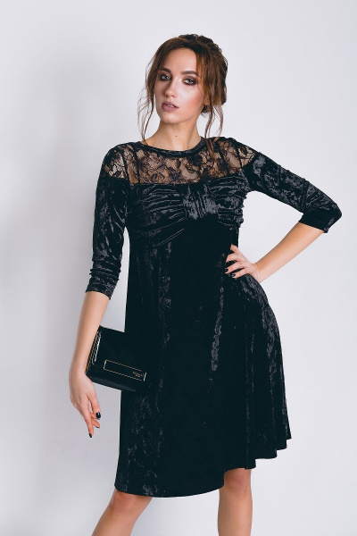 Платье расклешенное из черного бархата с кружевом и бантом S. Veles 63-103 - фото 1